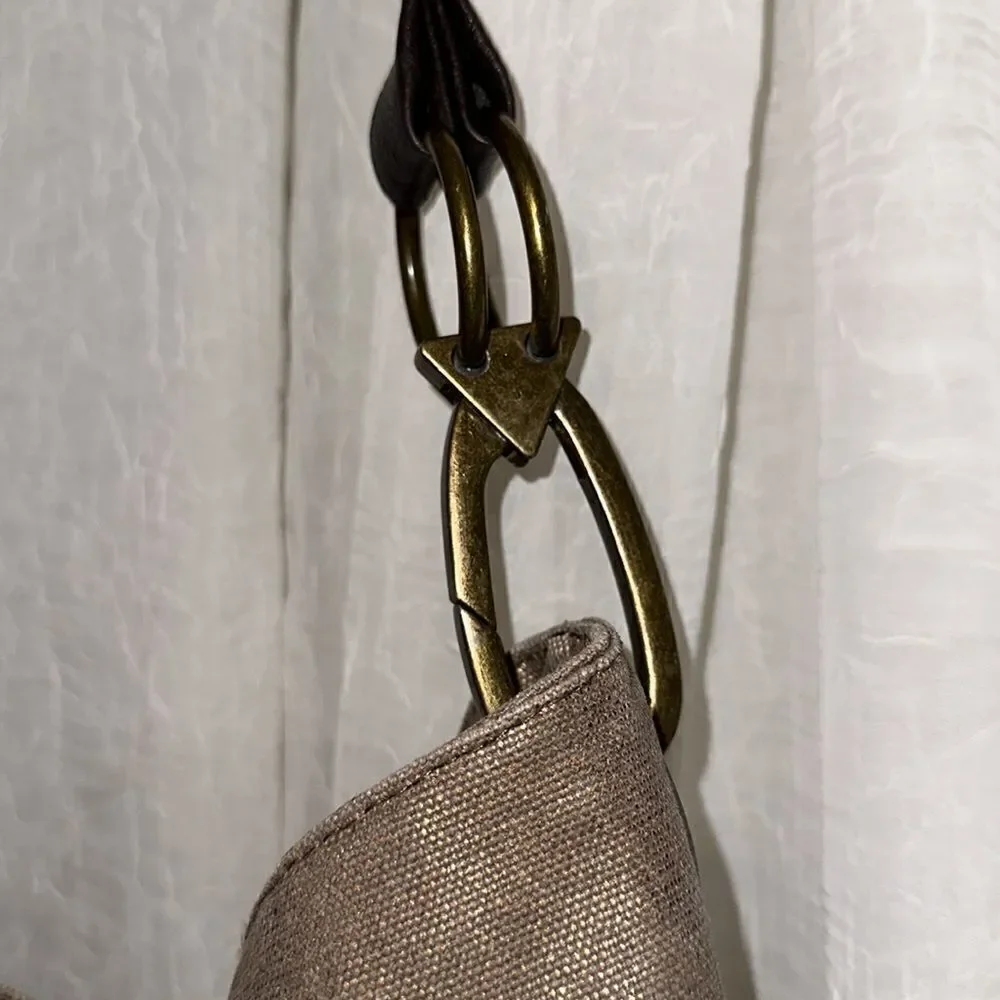 Braciano Metallic Canvas Tan Brown Leather Combo Hobo Shoulder Bag Purse